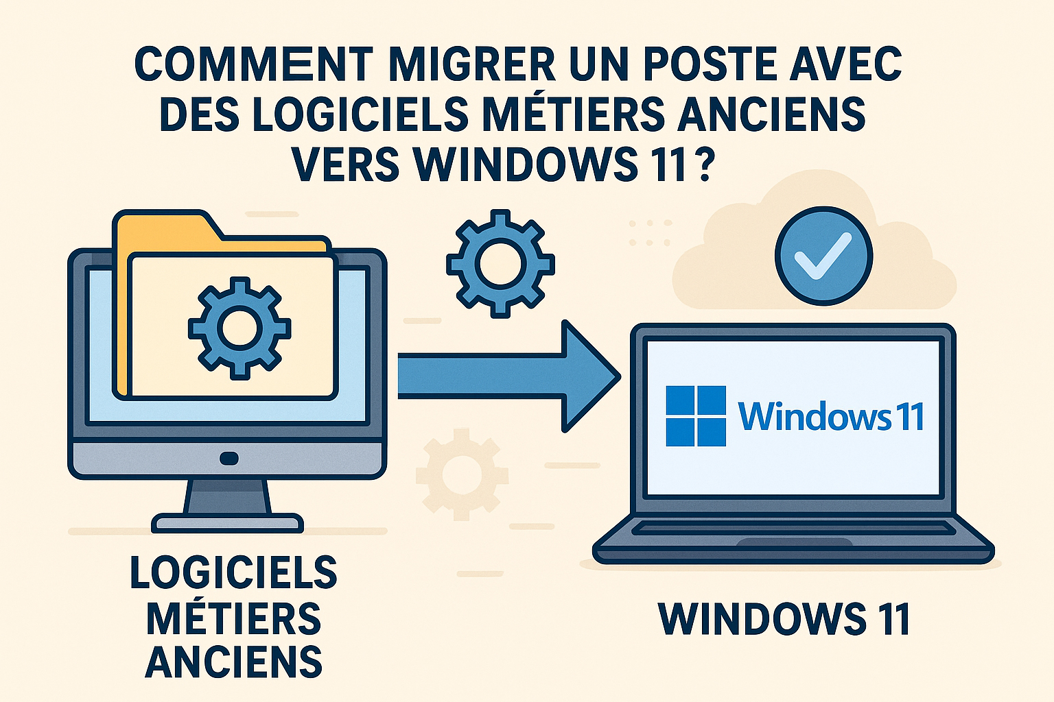 Migration d’un logiciel métier ancien vers Windows 11 - illustration simplifiée Migration d’un logiciel métier ancien vers Windows 11 - illustration simplifiée