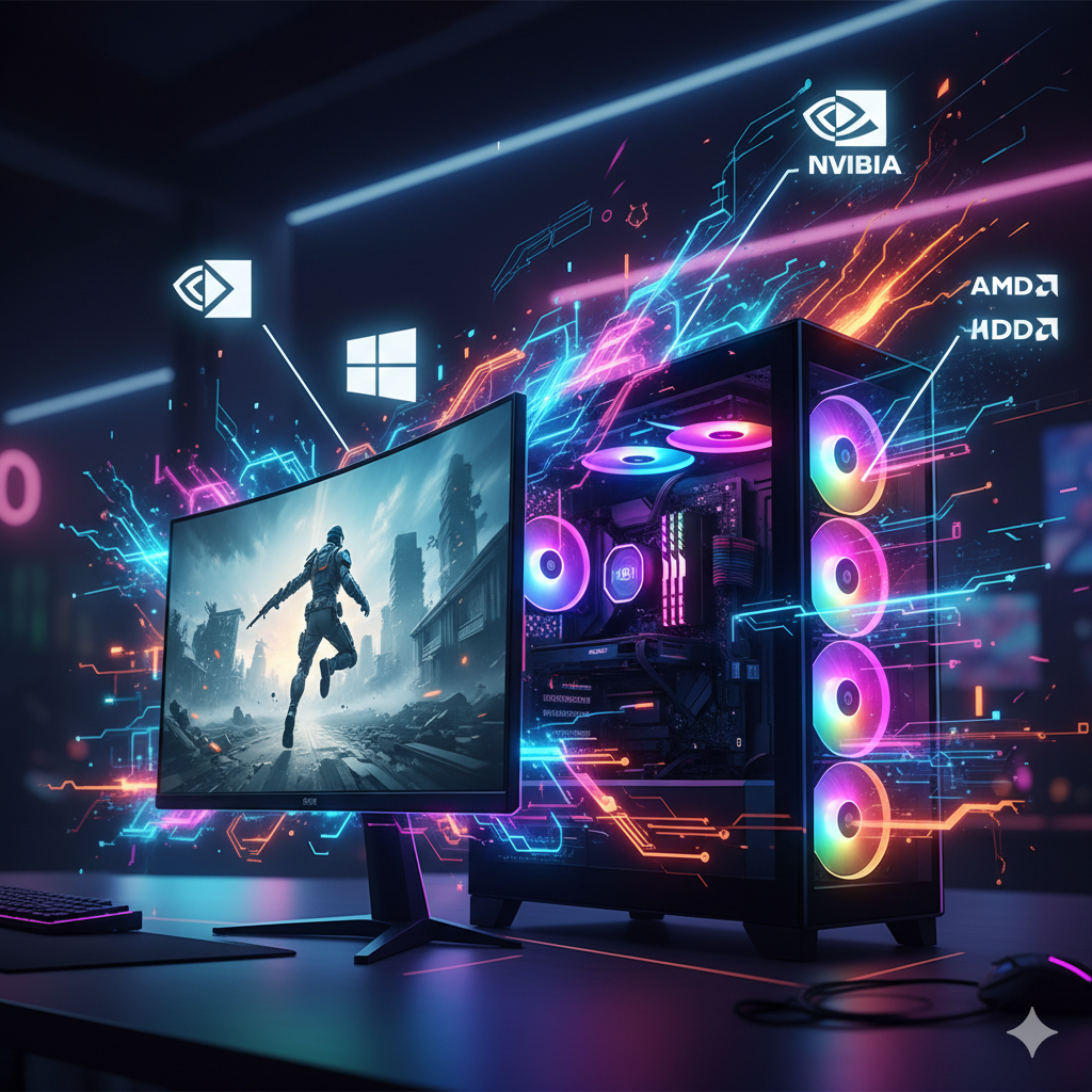 optimisation-windows-11-pour-le-gaming PC gamer avec éclairage RGB et un moniteur de jeu, entouré de circuits lumineux symbolisant l'optimisation des performances pour Windows, NVIDIA et AMD