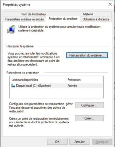 Restauration du système sous Windows 10