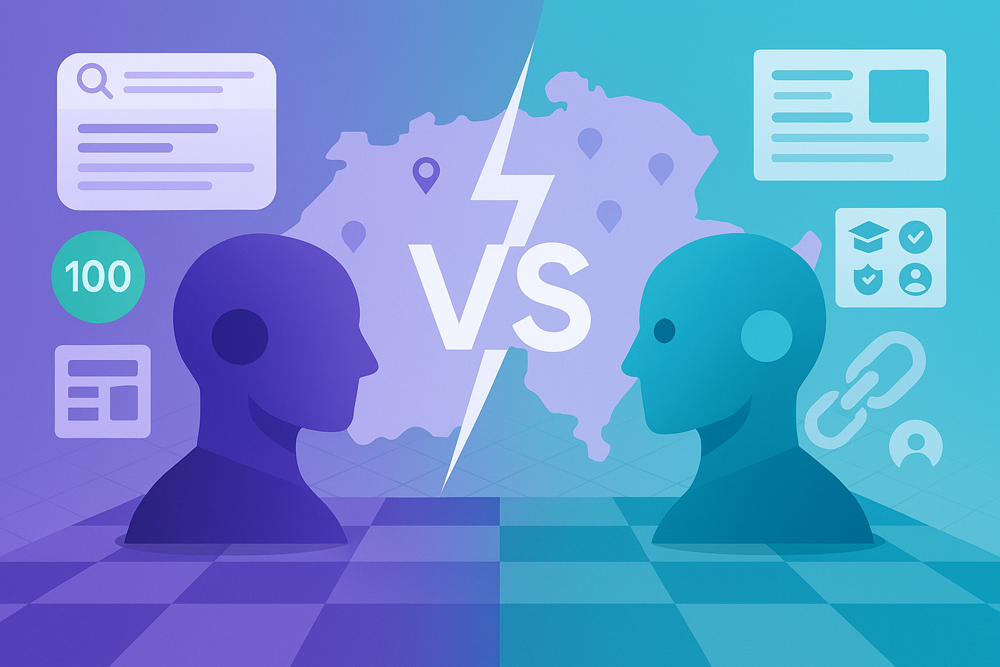 Illustration de Gemini et ChatGPT débattant du SEO local en Suisse devant une carte, avec icônes E-E-A-T, liens et score PageSpeed 100