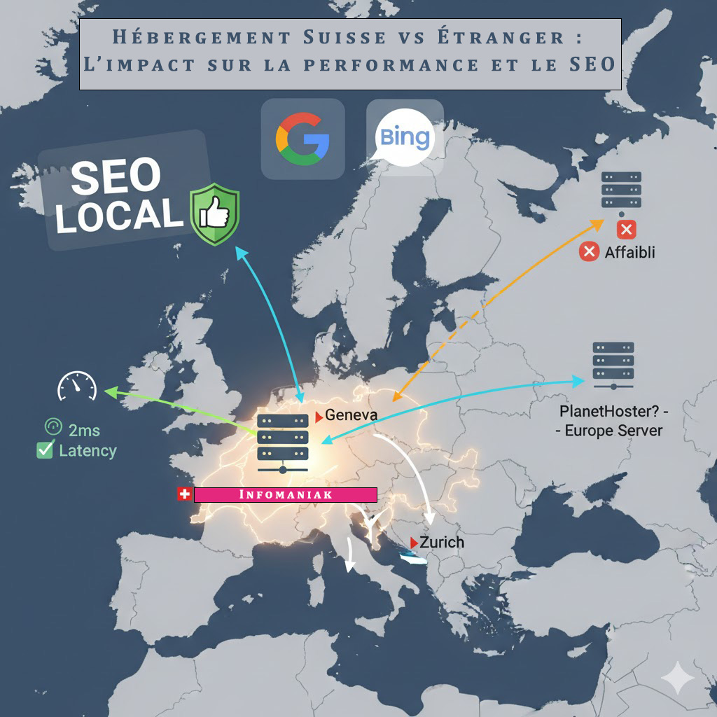 Infographie comparant un hébergement en Suisse et à l'étranger. La carte montre un trajet court avec une faible latence (2ms) vers un serveur suisse, lui donnant un avantage SEO local, par opposition à des trajets plus longs vers des serveurs en Europe