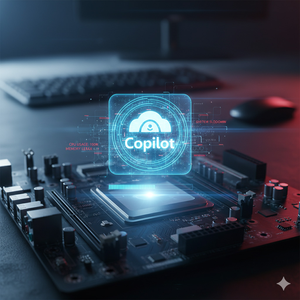 Windows Copilot : Impact sur le CPU et la RAM Carte mère d'ordinateur avec interface Copilot affichant des données de CPU et RAM, symbolisant les problèmes de performance.