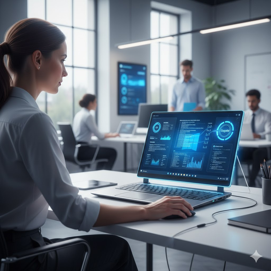 L'intelligence artificielle Copilot intégrée à Windows 11 pour les professionnels Professionnel au bureau utilisant l'assistant IA Copilot sur un ordinateur portable sous Windows 11