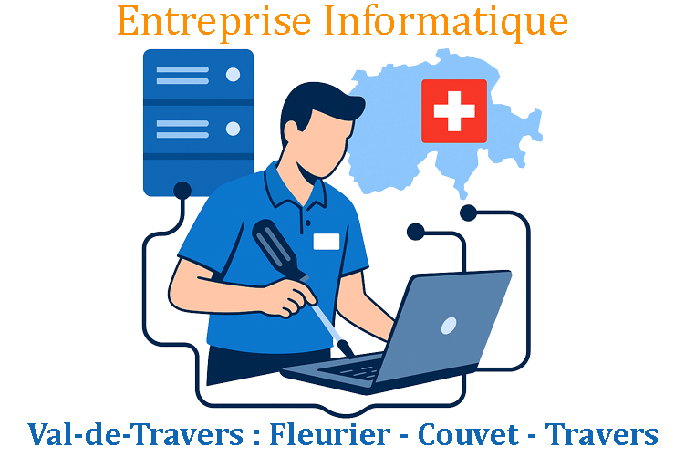 Support informatique professionnel dans la région de Val-de-Travers, incluant Fleurier, Couvet et Travers
