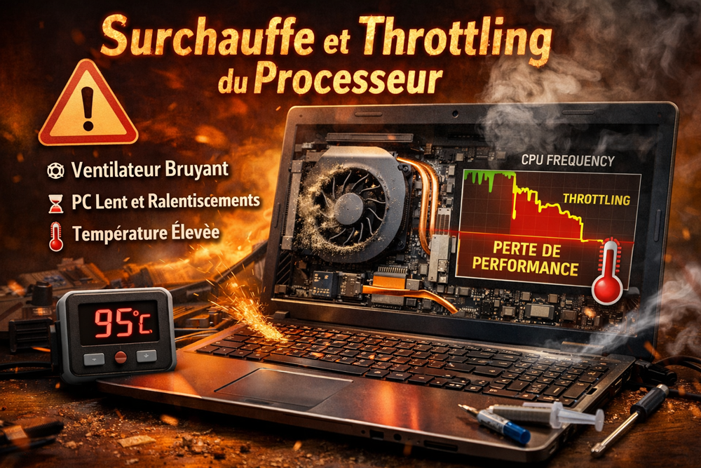 Ordinateur portable en surchauffe avec ventilateur encrassé, throttling du processeur et chute des performances due au stress thermique
