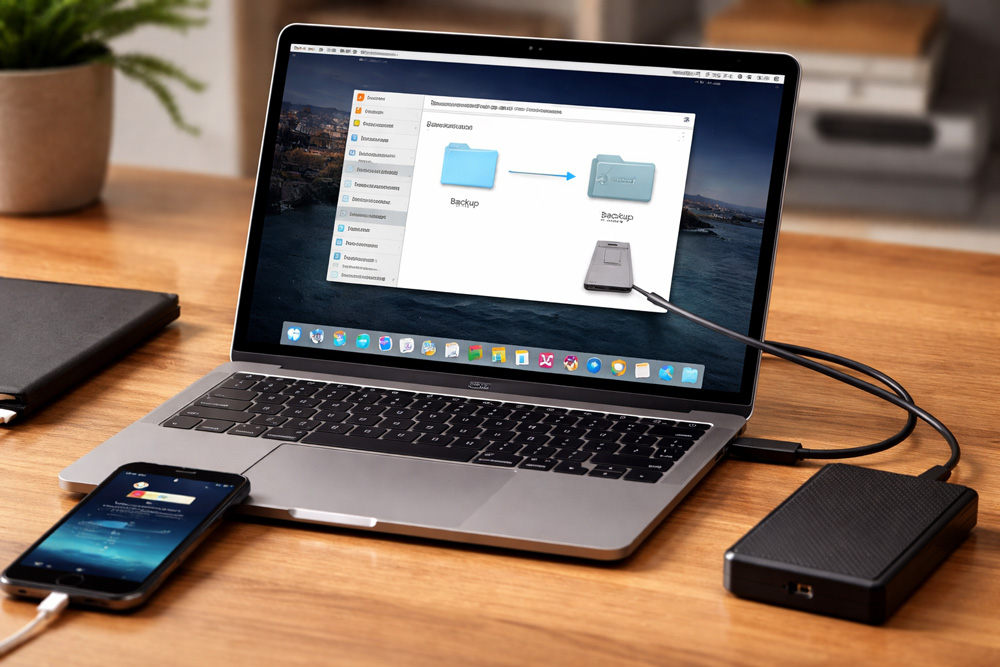 MacBook avec iPhone connecté et disque dur externe pour sauvegarde iPhone