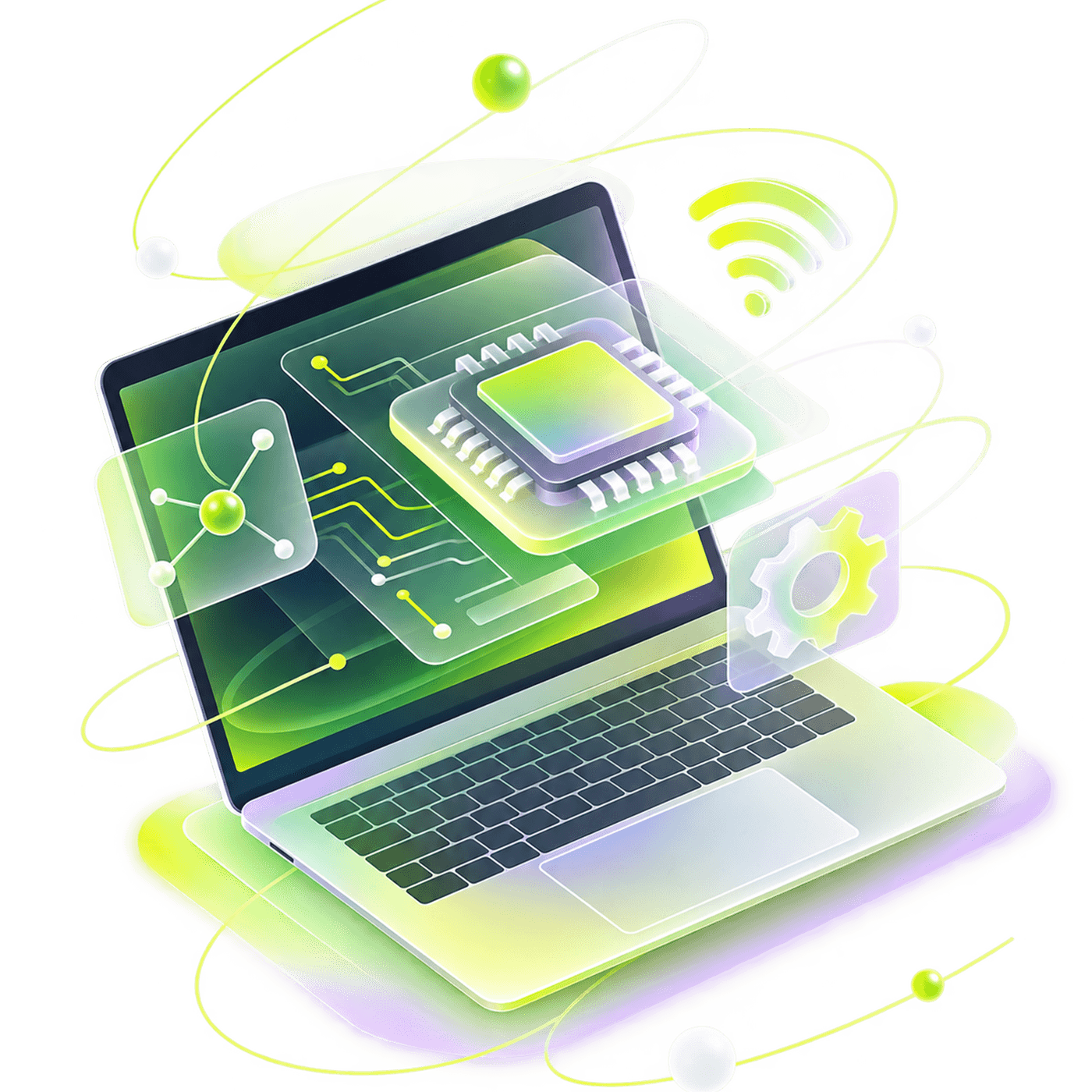 Diagnostic des composants et de la connexion Ordinateur portable entouré d’un processeur, d’un symbole Wi-Fi et d’un engrenage sur fond transparent